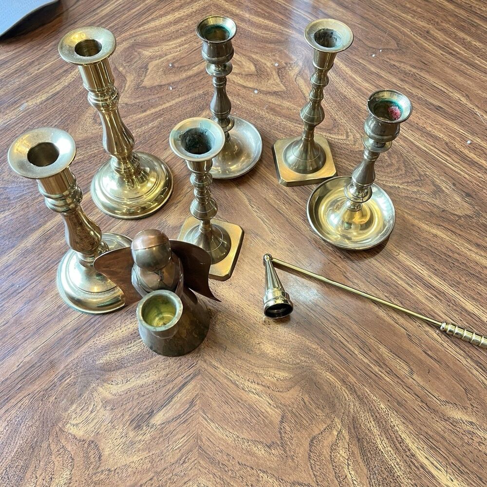 Vintage Lot of 7 Brass Taper Candlesticks England Korea Hong Kong +Snuffer